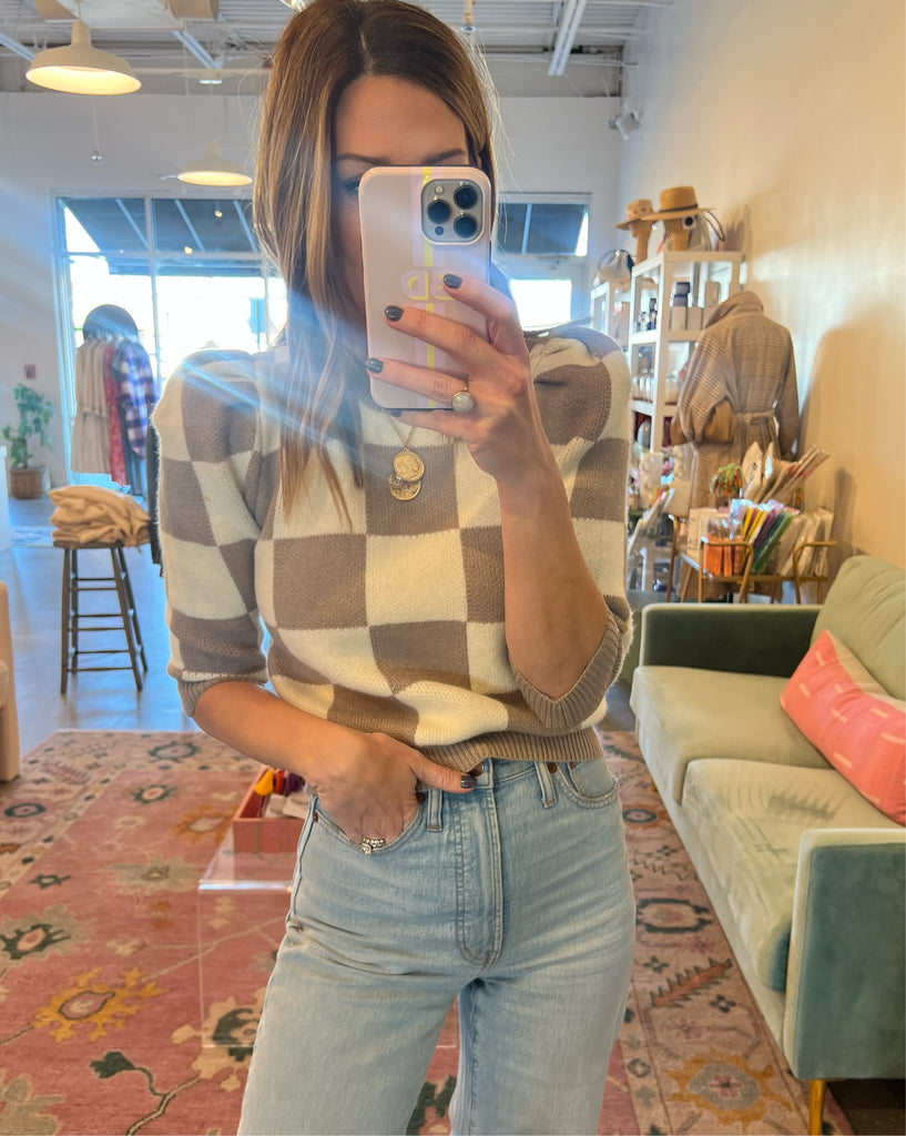 Checker Knit Puff Sleeve Top- Taupe