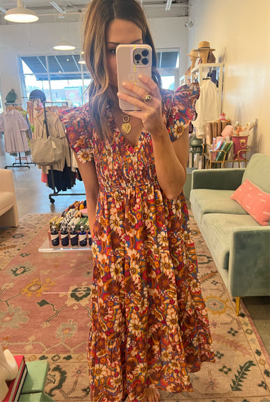 retro floral v neck maxi