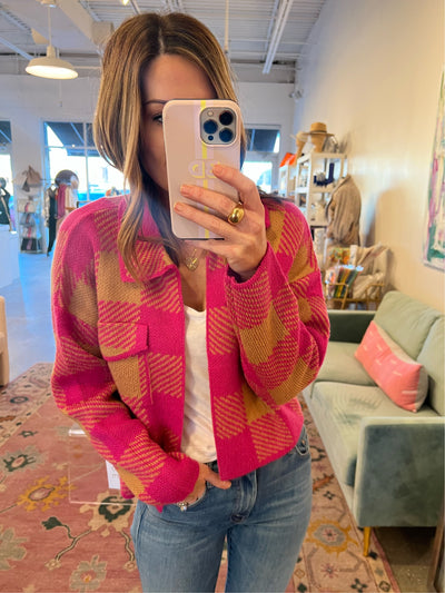 brown and magenta plaid cardigan